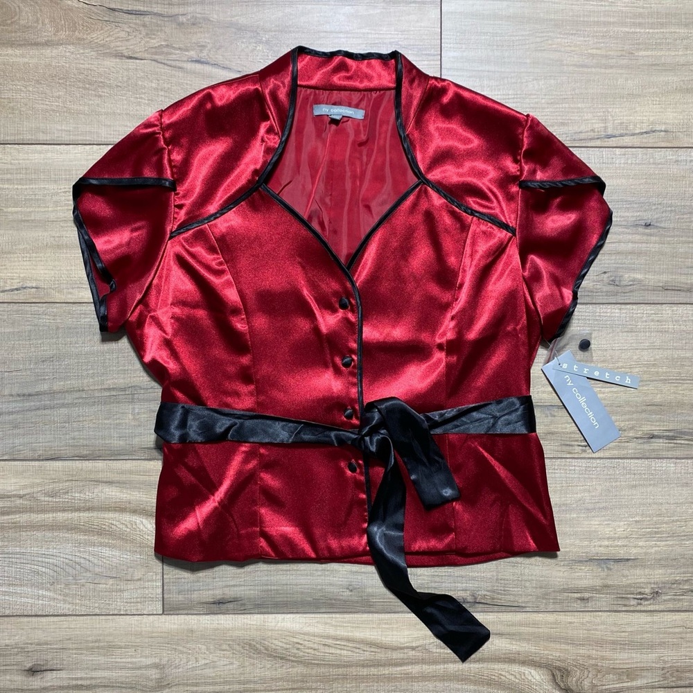 NY Collection Womens Button Up‎ Belted Blouse Short Sleeve Lined Size Large Red